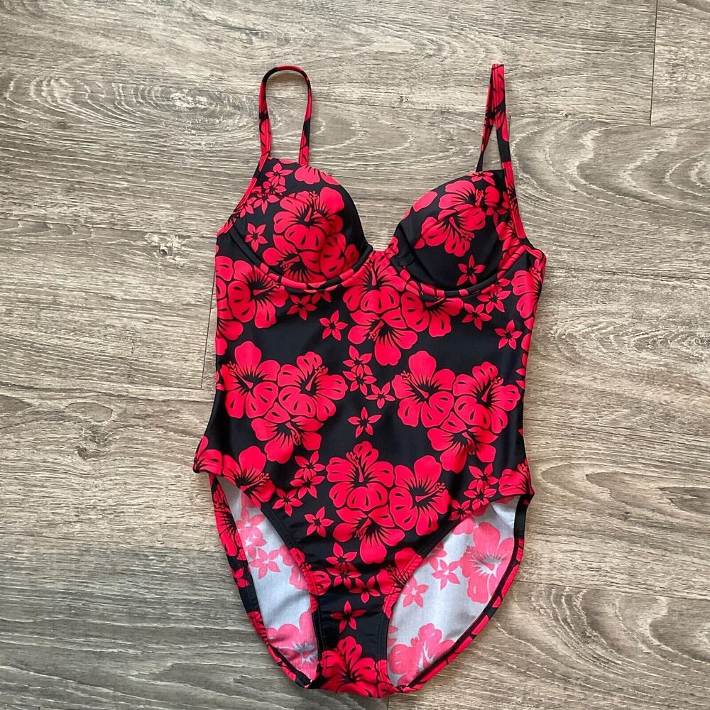 Victoria's Secret Floral One Piece Swimsuit Vintage Black Red Hibiscus Size 6B‎